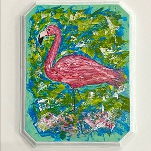 Original Hand Painted Impasto Acrylic Abstract Flamingo on Reclaimed Wood Plaque